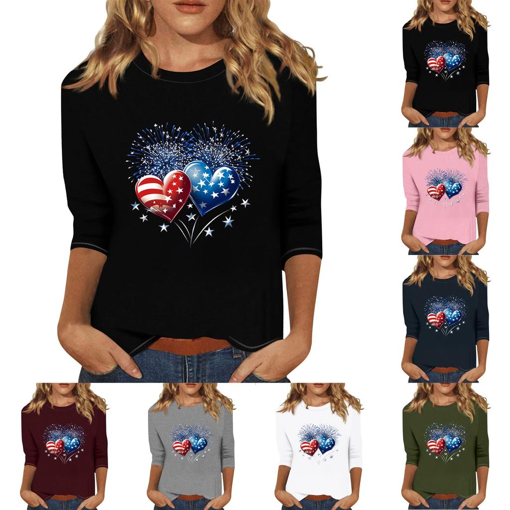 Women's Print Round Neck Top With Three Quarter Sleeves T-Shirt Three Quarter Sleeves T-Shirt