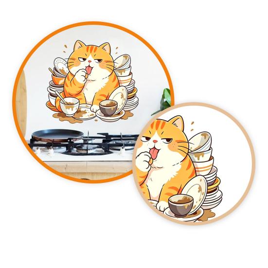 Мультяшный кот Наклейка на стену, Забавный оранжевый кот Купающийся/Вылизывающий Наклейка на стену, Отклей и приклей Самоклеящаяся ПВХ Настенный рисунок для Кухни, Ванной комнаты