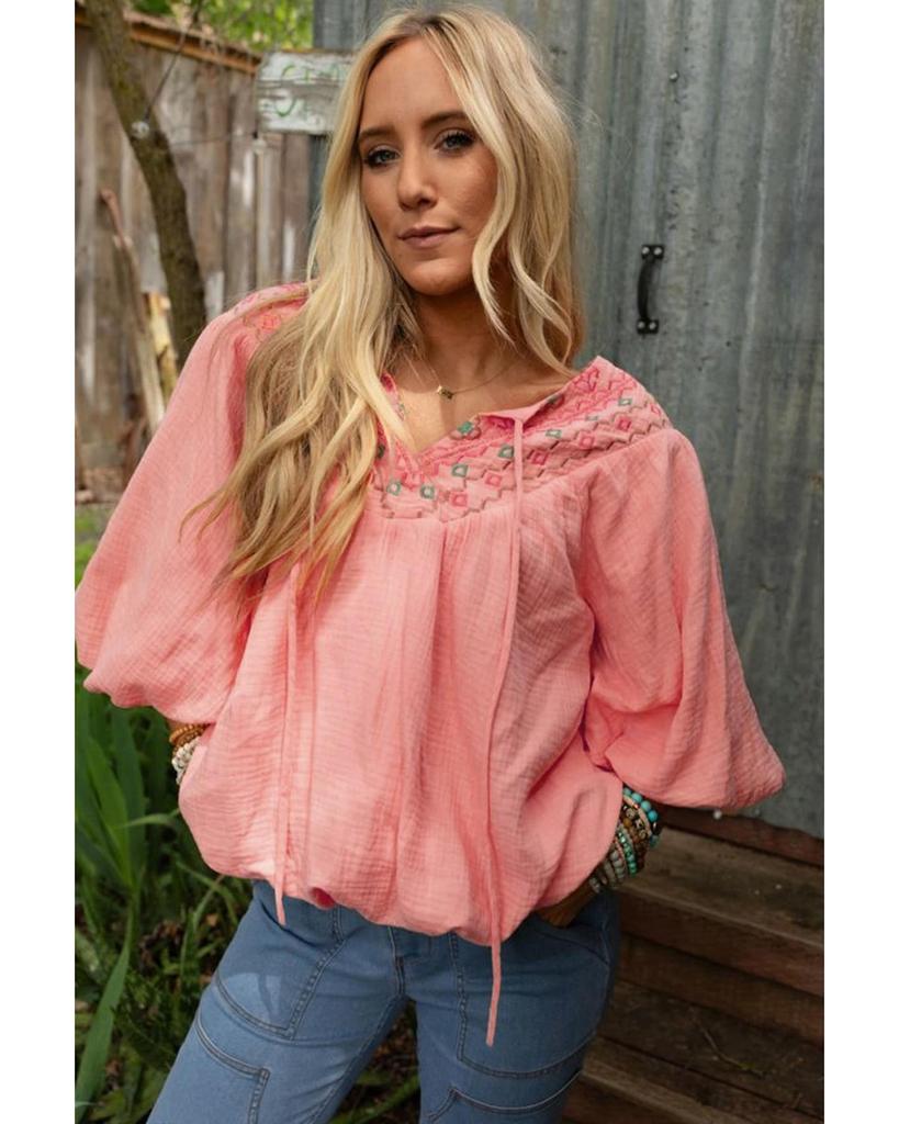 Azura Exchange Apricot Pink Geometric Embroidered V Neck Puff Sleeve Blouse