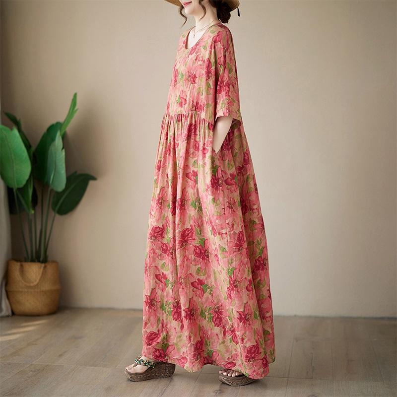 Short Sleeve Plus Size Cotton Vintage Floral New In Dresses for Women Casual Loose Long Summer Dress
