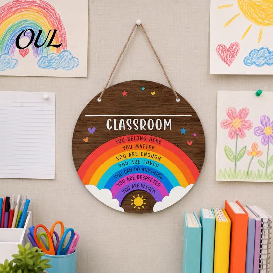 Classroom Decor Sign Wooden Welcome for Door, to Our Round Door Hanging Hanger, Front Sign, Back School Preschool Decoration