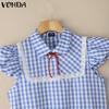 VONDA Summer Women Lapel Neck Sleeveless Plaid Print Casual Loose Dress Sundress