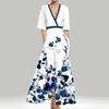 Elegant V Neck Print Pleated Long Dress For Women With Polyester Fabric And Office Style