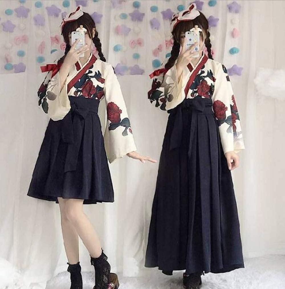 Taisho Roman Hakama Японская одежда Кимоно Косплей Костюм Длинный Маскировка Юката Роза Узор Розы [Lady Lazy] Женщины Женщины (Черный, Л)