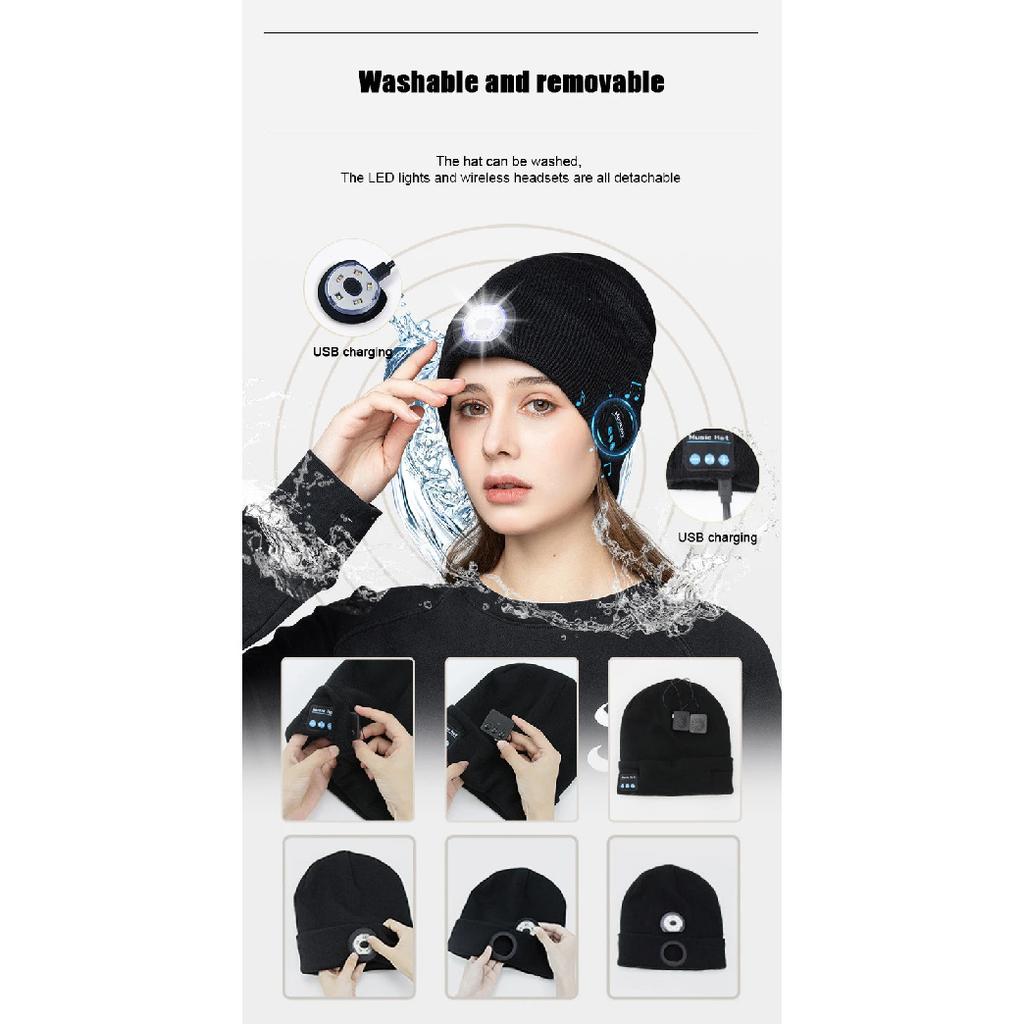 Unisex Bluetooth Headlamp Hat Headphones Beanie with LED Music Cap Built-in Speakers & Mic Earbuds for Running Hiking Sport