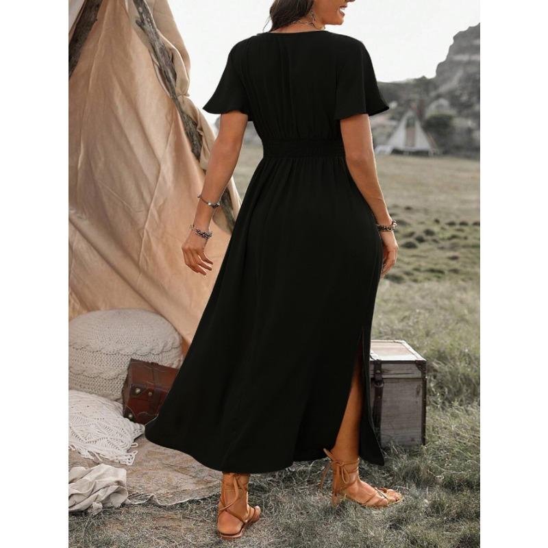 YYFS Women's Fashion Summer Spring Solid Color Print Short Sleeve V-Neck High Waist Casual Dresses