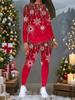 Женский рождественский костюм-двойка с принтом: Топ с длинным рукавом и круглым вырезом и брюки, праздничный лимитированный повседневный костюм для вечеринки в подарок