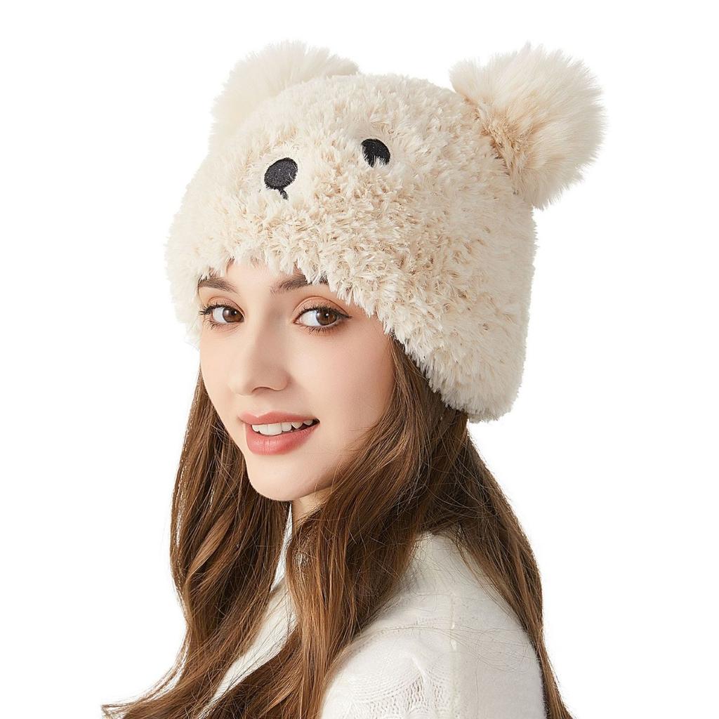 Зимняя женская вязаная шапка с медвежьим мехом, плюшевая шапка с защитой ушей, теплая шапка с рукавами, шапки с черепами