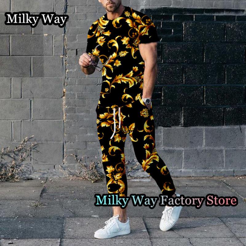 Роскошный мужской спортивный костюм с принтом цепочки, летний комплект из 2 предметов, футболка и брюки, винтажный спортивный костюм, мужская модная одежда, ретро наряд
