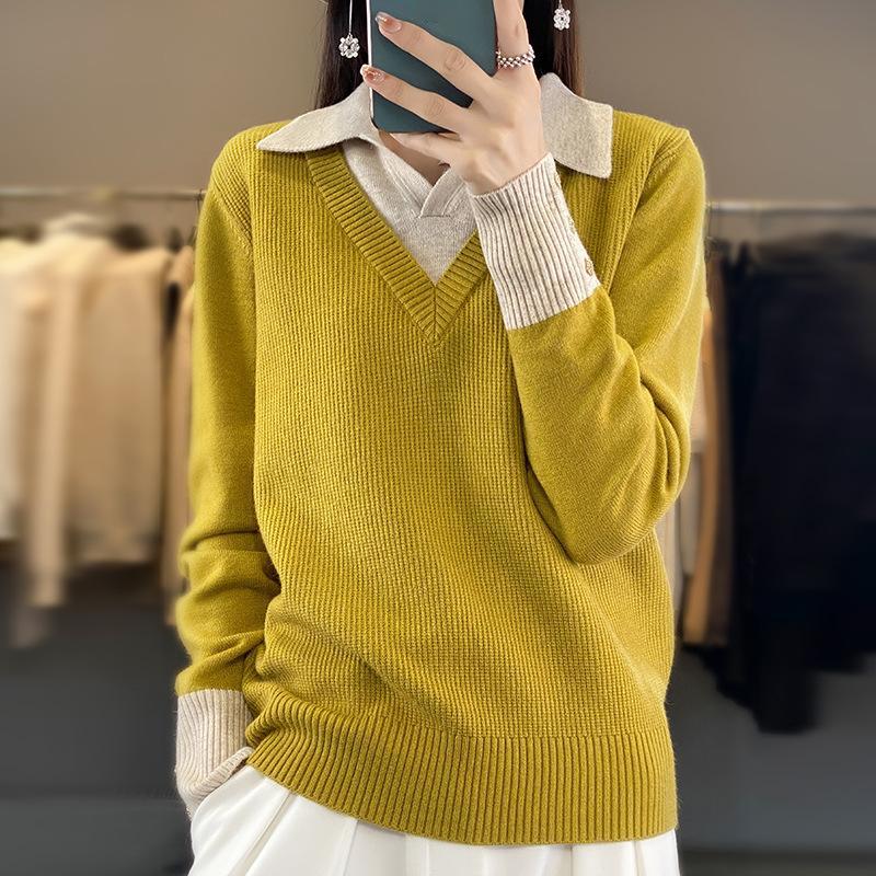 Women's Fall/Winter Maillard with a Wool-blend Fake Two-piece Shirt Collar Knit Rollover Pullover Sweater