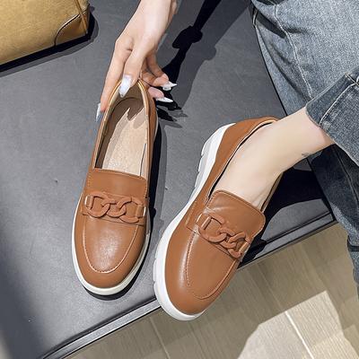 Большие размеры Одинарная обувь Женская Осень Новые Круглый носок Глубокий вырез Металлическая цепочка Платформа Повседневные Лоферы на устойчивом каблуке