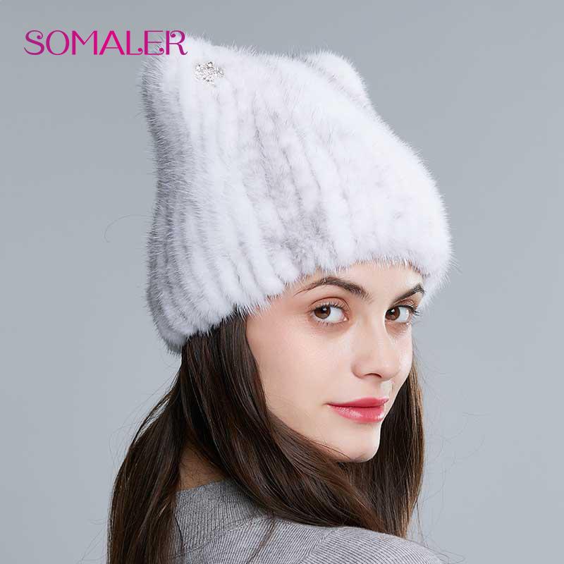 SOMALER Natural Mink Fur Hat ForWomen Cute Cat Ear ThickWinter Hat Female Fashion Fur Knitted Beanie