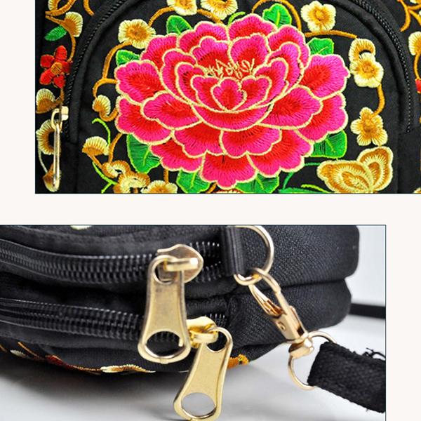 WTEMPO Ethnic Style Flower Bags Women Double-sided Embroidery Canvas Purse Mobile Phone Bag Women's Mini Messenger Bag