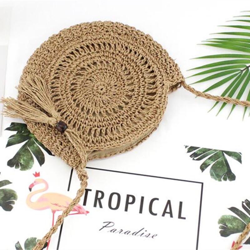 Yogodlns Round Soft Paper Rope Shoulder Bag Tassel Handmade Crossbody Bags Straw Bag Circle