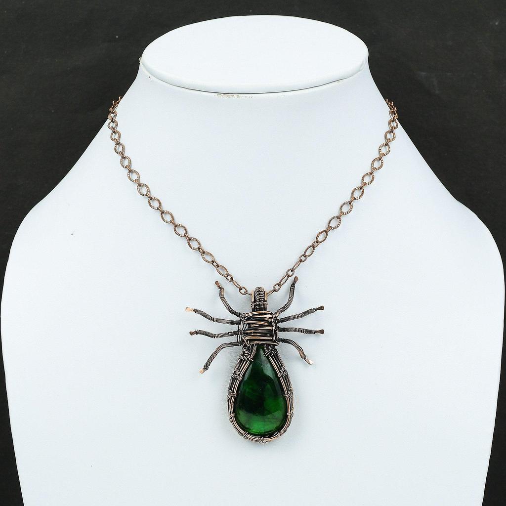 Подвеска из лабрадорита зеленого огня, медная проволока, кулон с драгоценным камнем, медные дизайнерские украшения для подарка, подвеска-паук ручной работы, антикварные ювелирные изделия