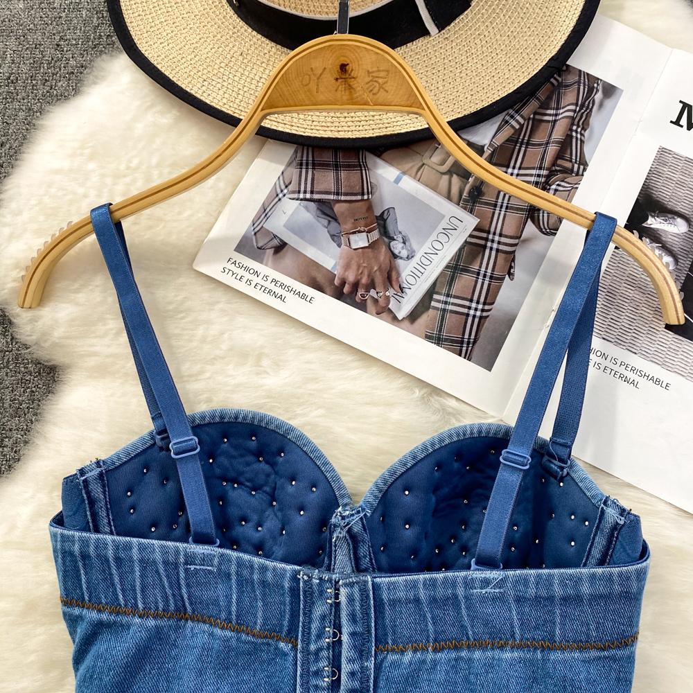Летний женский сексуальный клубный джинсовый бюстгальтер на бретельках, роскошный бюстгальтер-поло с жемчугом и бисером, облегающее Корректирующее белье для танцев