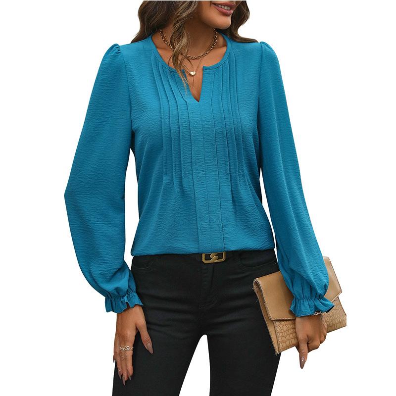 QICED Женские модные повседневные летние весенние однотонные блузки и рубашки с v-образным вырезом и длинными рукавами с принтом