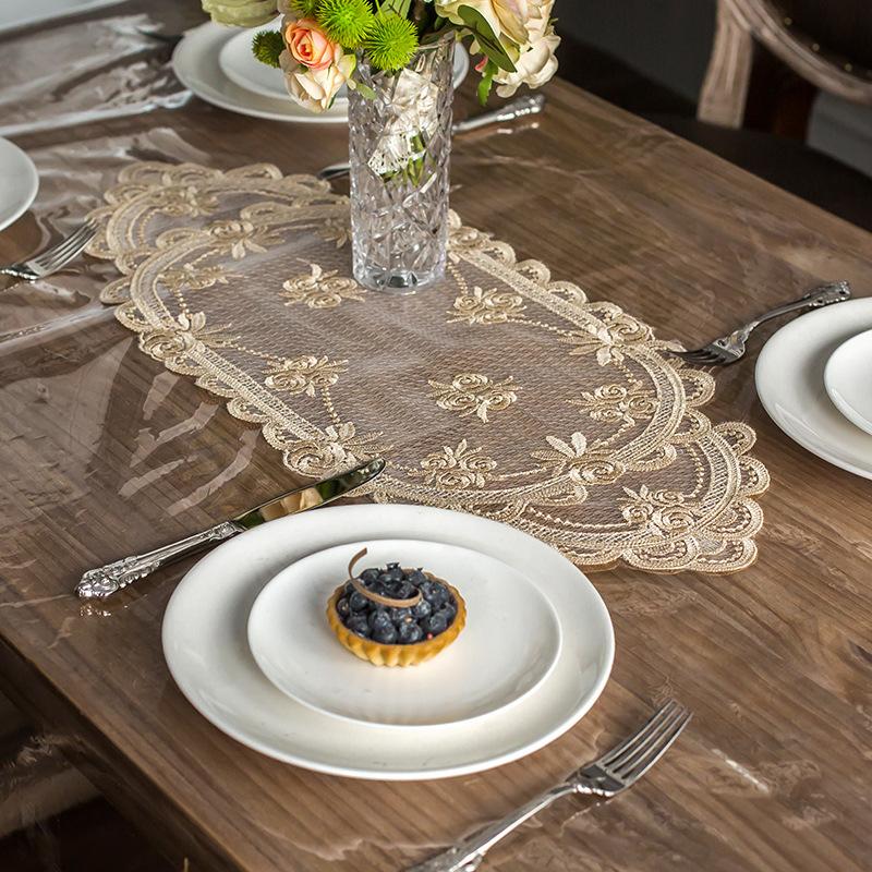 Waterproof Tablecloth Pvc Transparent Soft Golden Lace Embroidered Oil -Proof Table Cover Coffee Table Crystal Plate Table Cloth