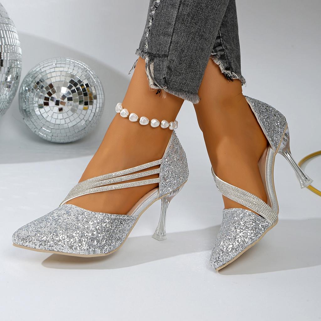 Модные женские сандалии Сверкающие хрустальные свадебные туфли Простые элегантные женские туфли для платья Женские сексуальные туфли на высоком каблуке с острым носком Женские