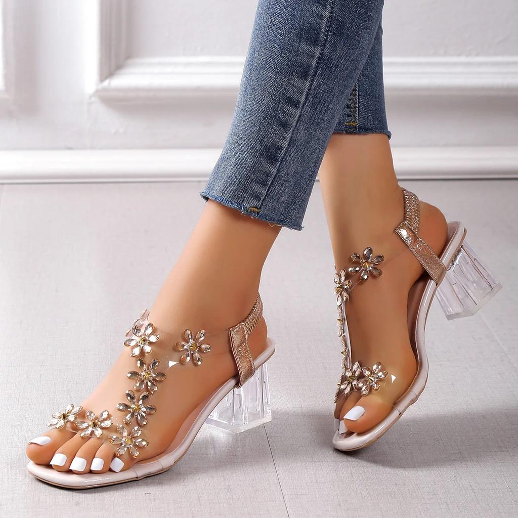 Fashion Women;s Sandals Pvc Crystal Flower Shoes for Women Decoration Chunky Heel Sandals Ladies Back Strap Fashion Shoes Female2024