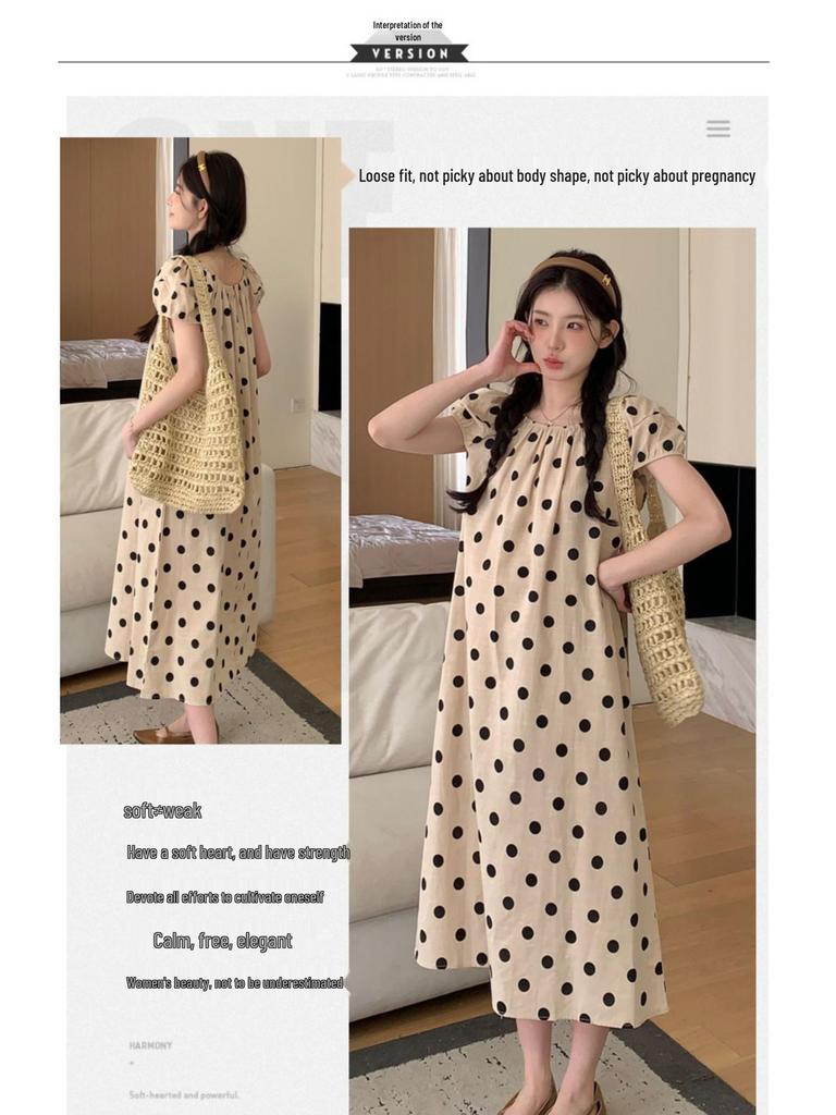 2024 Chic French Maternity Polka Dot Midi Dress with Puff Sleeves