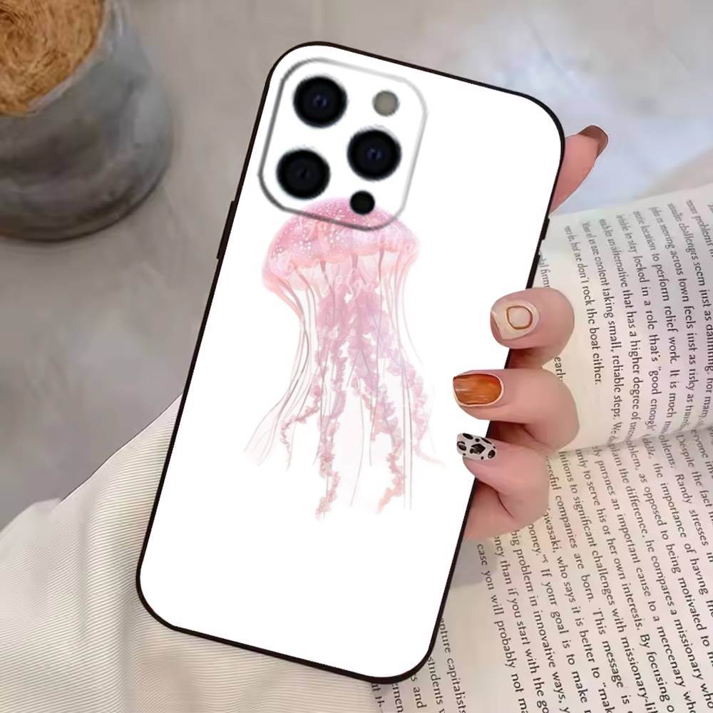 Fashion Pink J-jellyfish Phone Case For iPhone 17,16,15,14,13,12,11 Plus,Pro Max,XS,Soft Silicone Black Cover