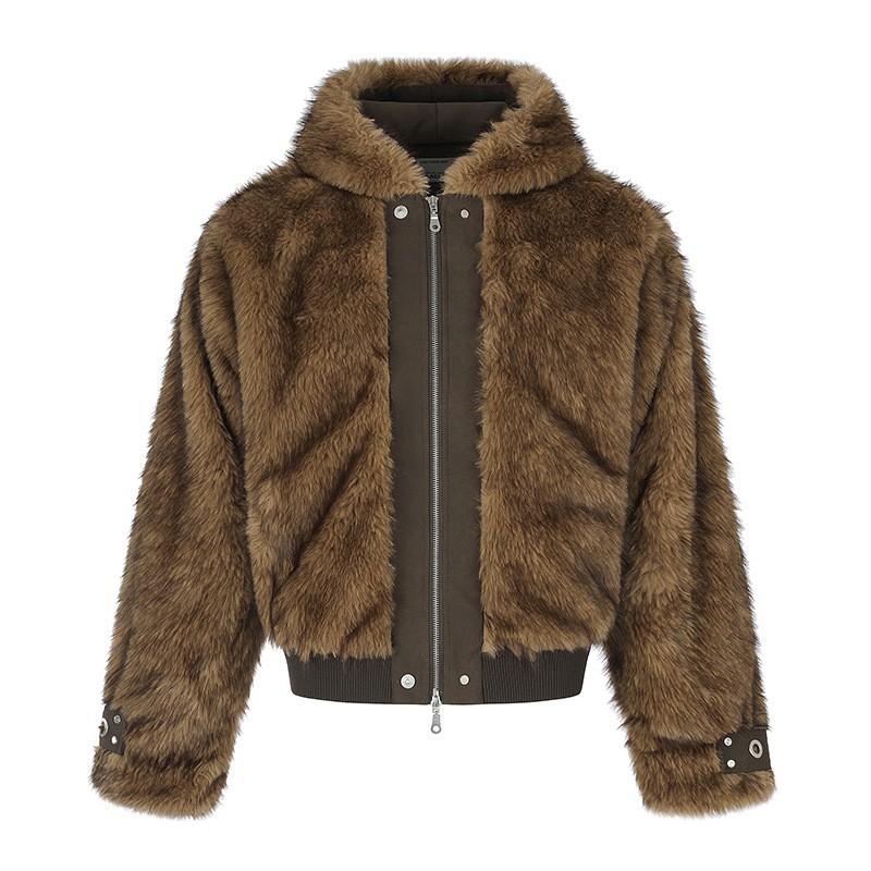 American Retro Fuzzy Hooded Puffer Coat Men 2026 Loose Casual Warm Winter Jacket