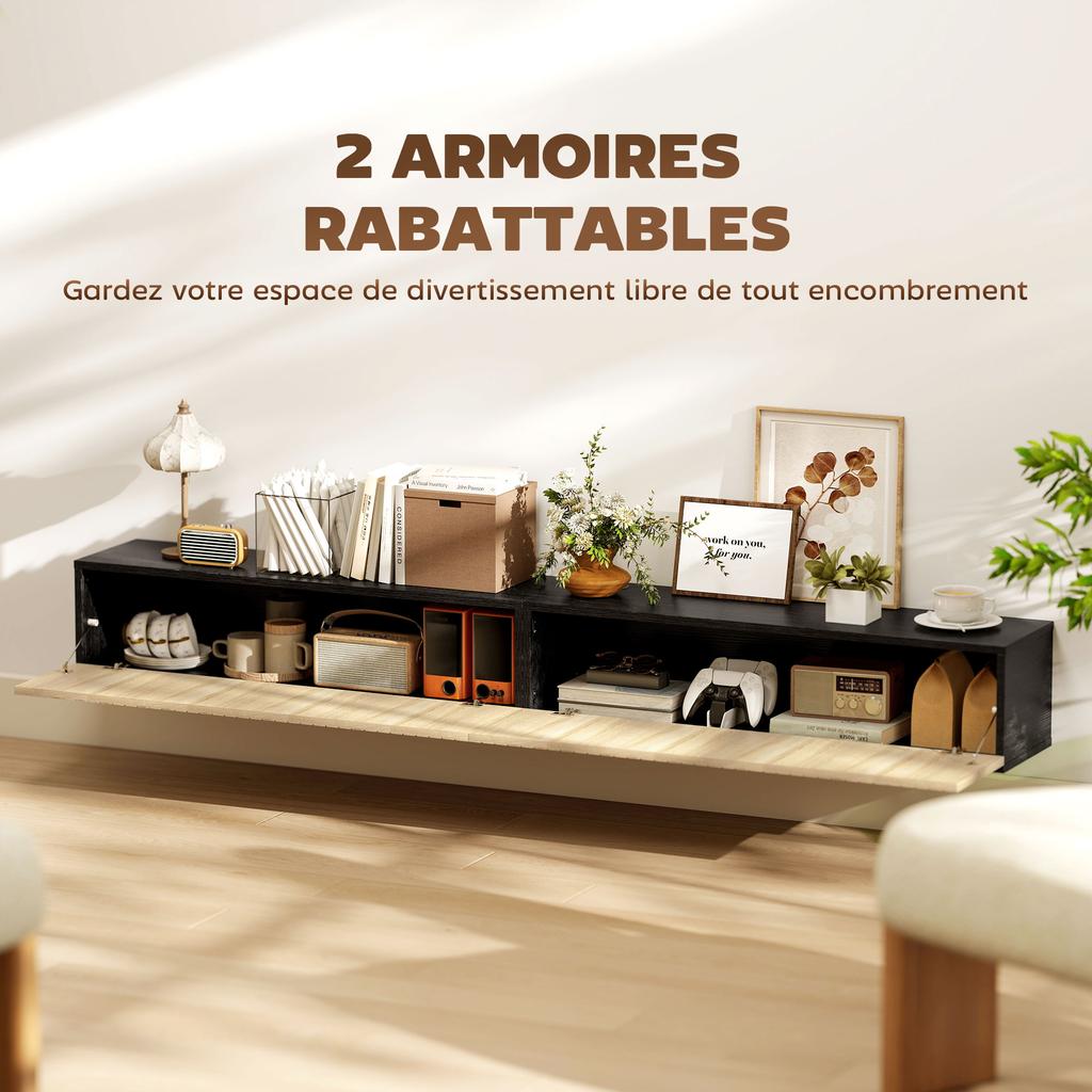Suspended TV Cabinet 140cm TV Stand For 72 Inch Television 2 Drop Down Doors 140x25x22cm Natural Wood And Black