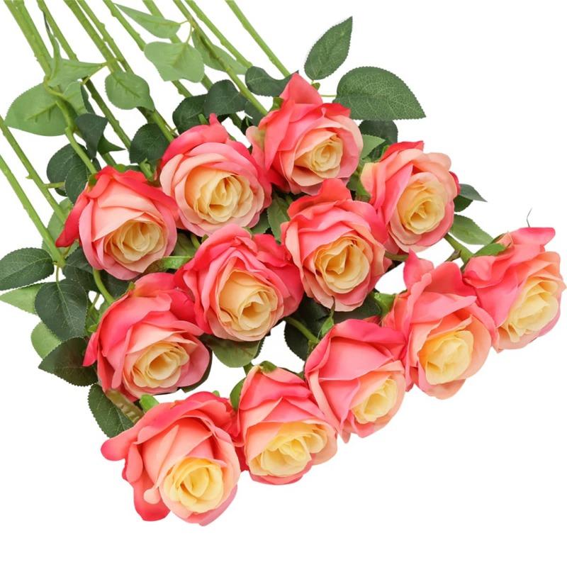 12 шт. Искусственные цветы Розы Массовый букет поддельных шелковых роз с длинным стеблем Искусственные розы Цветы для свадьбы Домашние вечерние украшения стола