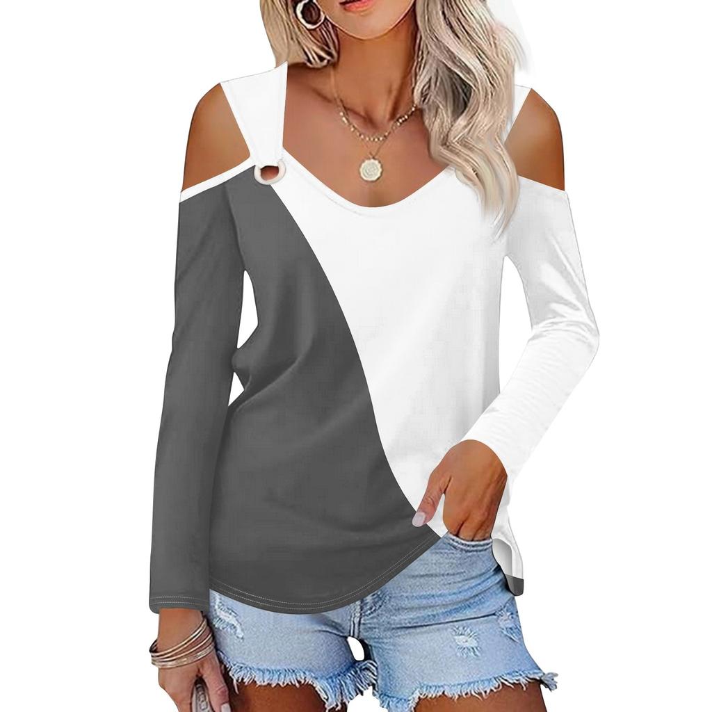 Women's Casual Shirt Blouse Print V-neck Sexy Cold Shoulder Long Sleeve Top