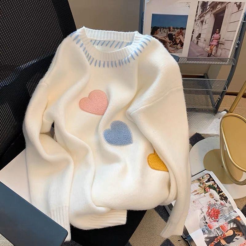 Женский однотонный свитер с узором в форме сердца, круглым вырезом, длинным рукавом, свободный пуловер, женский зимний теплый топ