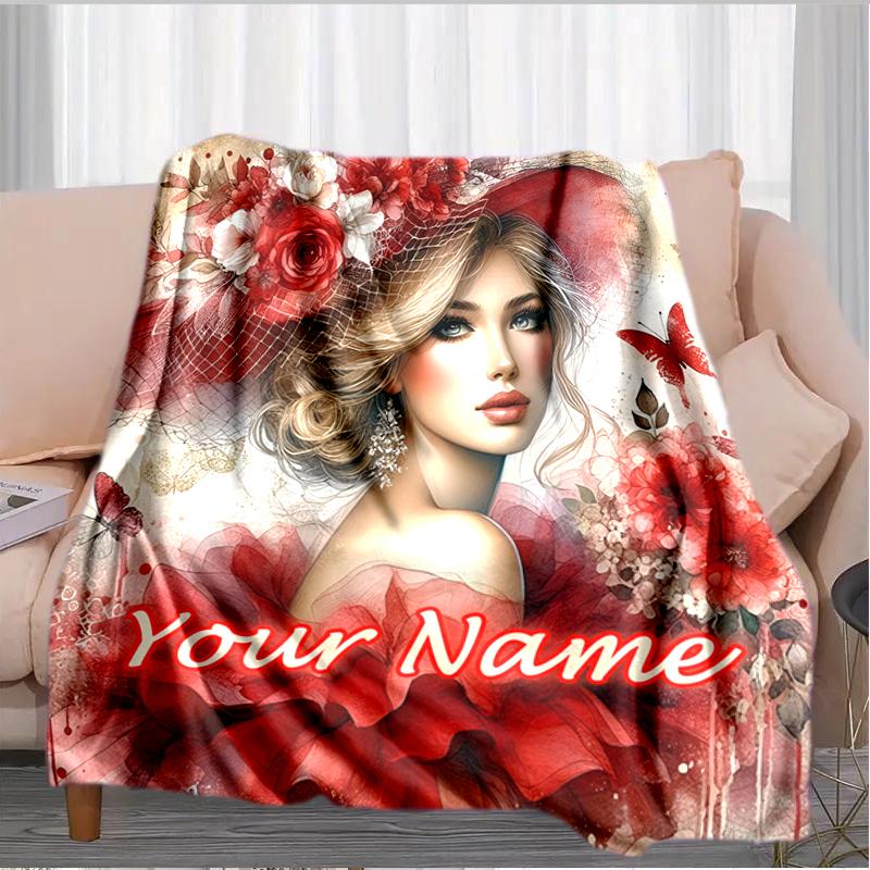 1PC Custom Name Floral Fantasy Portrait flannel blanket versatile,all-season throw suitable for the living room,bedroom,camping,travel,and gift