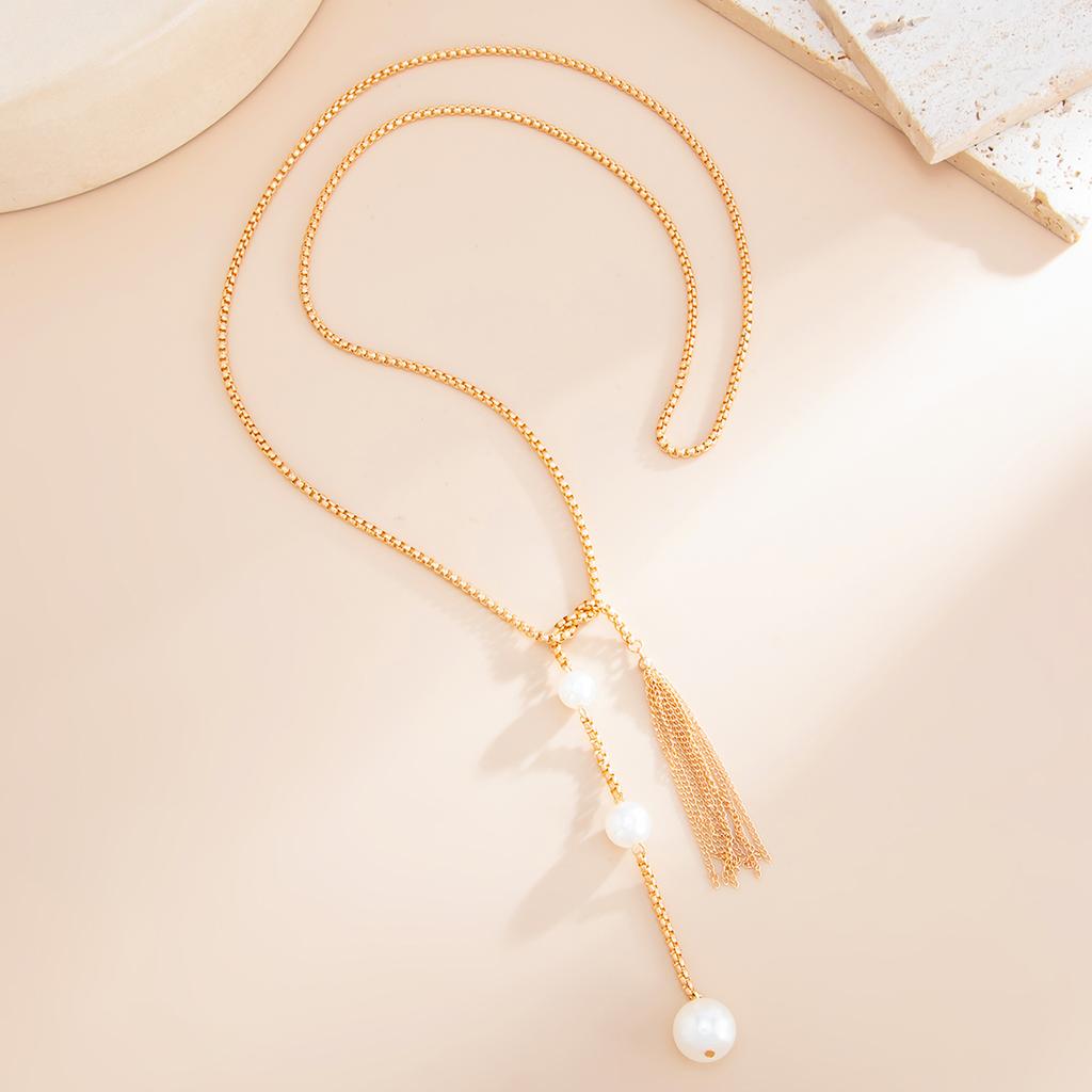 Ingemark Trendy Gold Color Imitation Pearls Tassel Necklace Women Sexy Creative Y-Shape Long Sweater Chain Party Jewelry Gifts