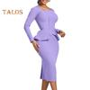 Women Business Dress Square Neck Long Sleeve Pure Color Ruffle Patchwork Slim Fit Sheath OL Commuting Formal Midi Dress