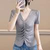 Summer Sexy V-Neck Streetwear T-Shirt For Women Chic Luxury Hot Diamonds Slim Tops Elegant Short Sleeve Tees