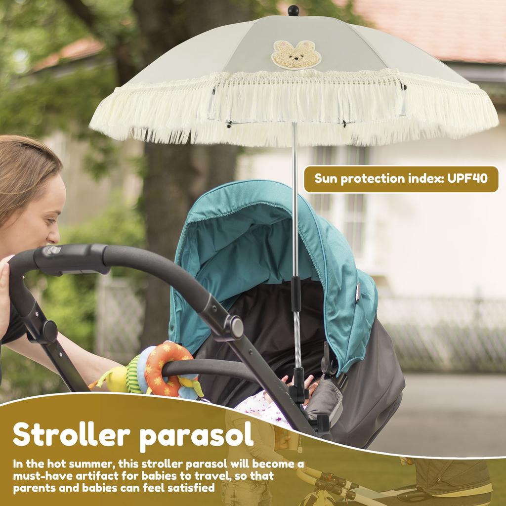 Baby Stroller Outdoor Parasol UPF40 Adjustable Baby Stroller Umbrella with Tassel Cute Clip On Sunshade Parasol for Pushchair