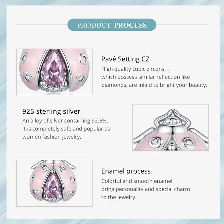 WOSTU 925 Sterling Silver Pink Enamel Ladybird Beads Pink Zircon Ladybug Charms for Women Bracelet and Bangle DIY Fine Jewelry