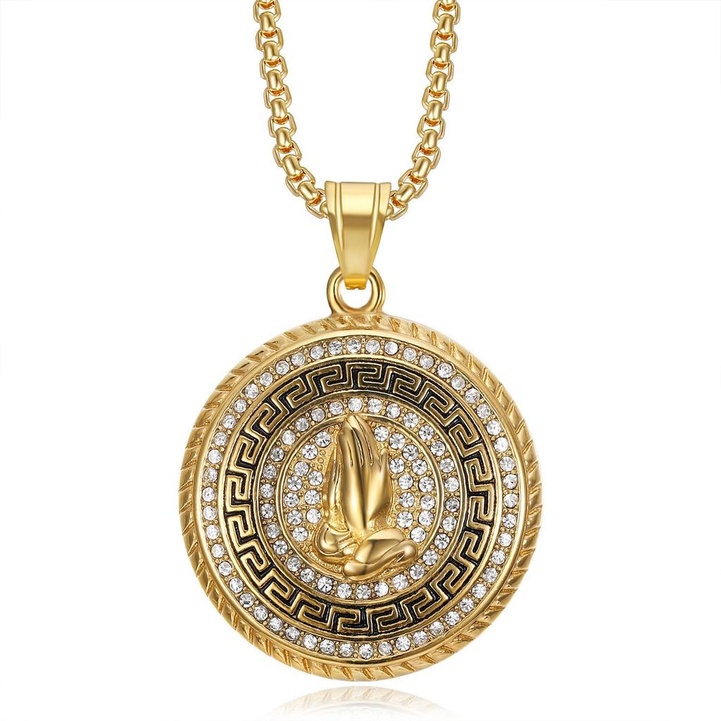 European and American Cross-border New Hip-hop, Jewelry, Gold-plated Diamond Disc Prayer Hand Pendant Necklace