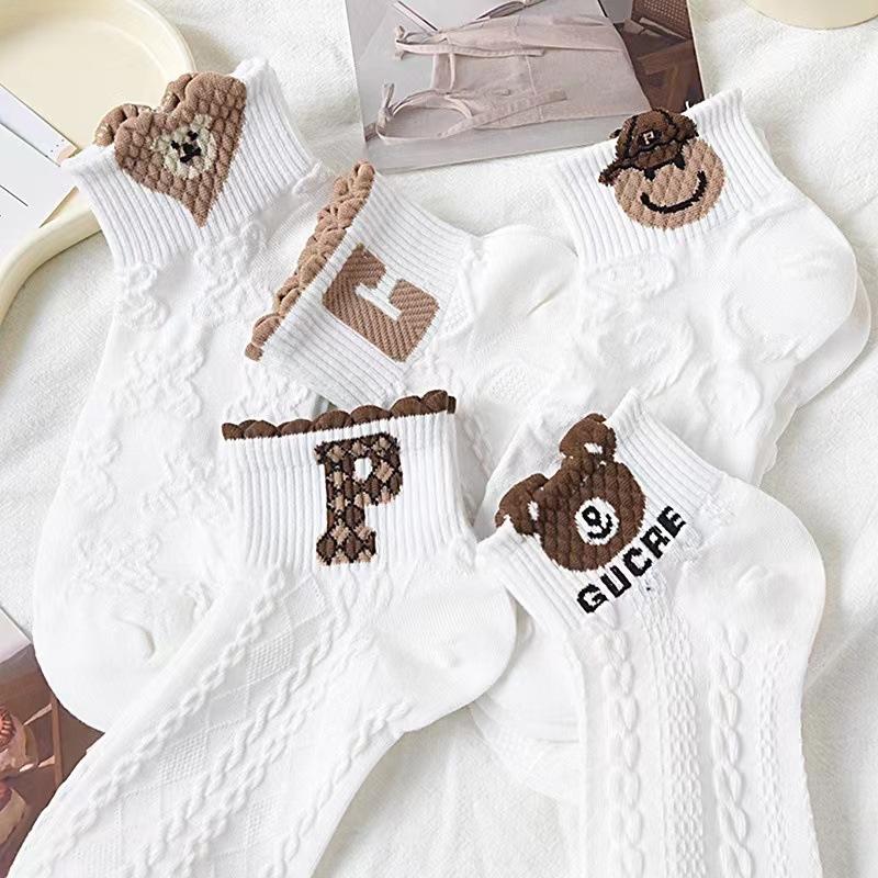 5 пар женских носков, весенне-летние тонкие носки-лодочки с рисунком медведя, дышащие и милые белые носки