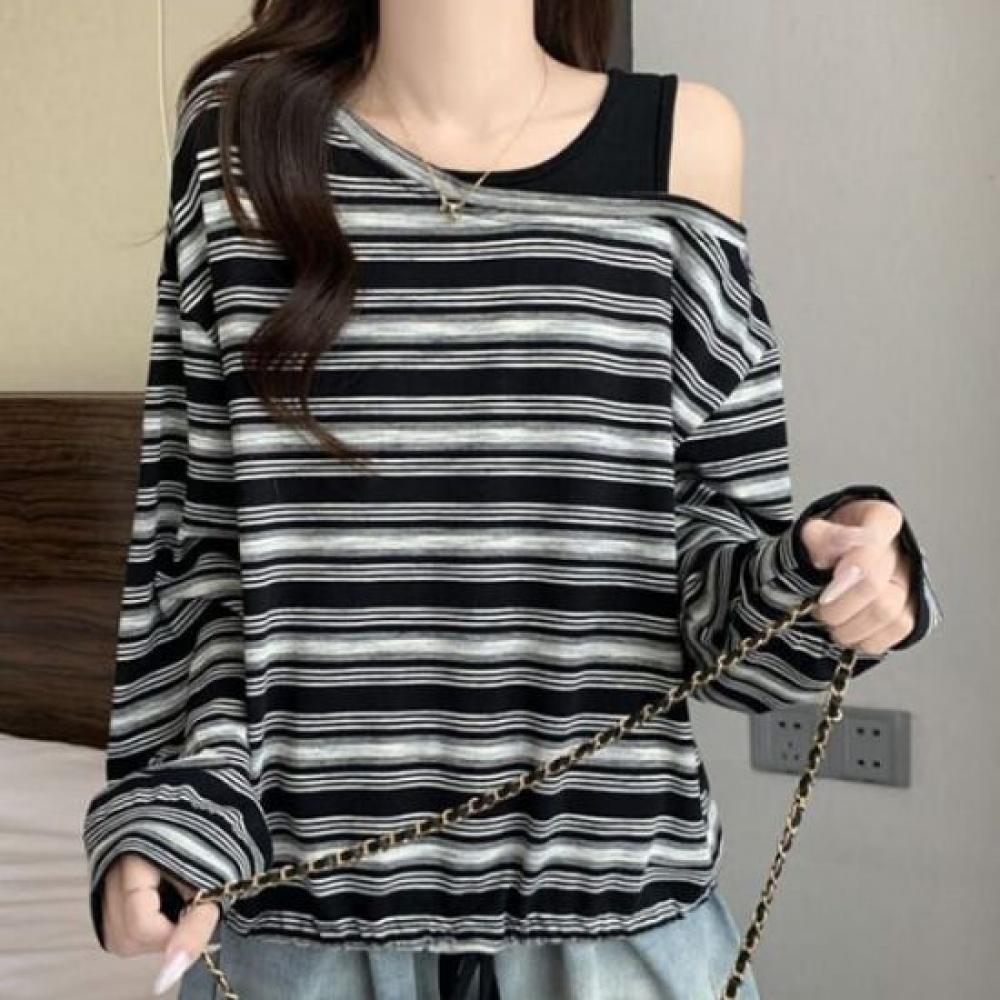 Navava Women Off Shoulder STripe DrawsTring Long Sleeve T shirT nT3202