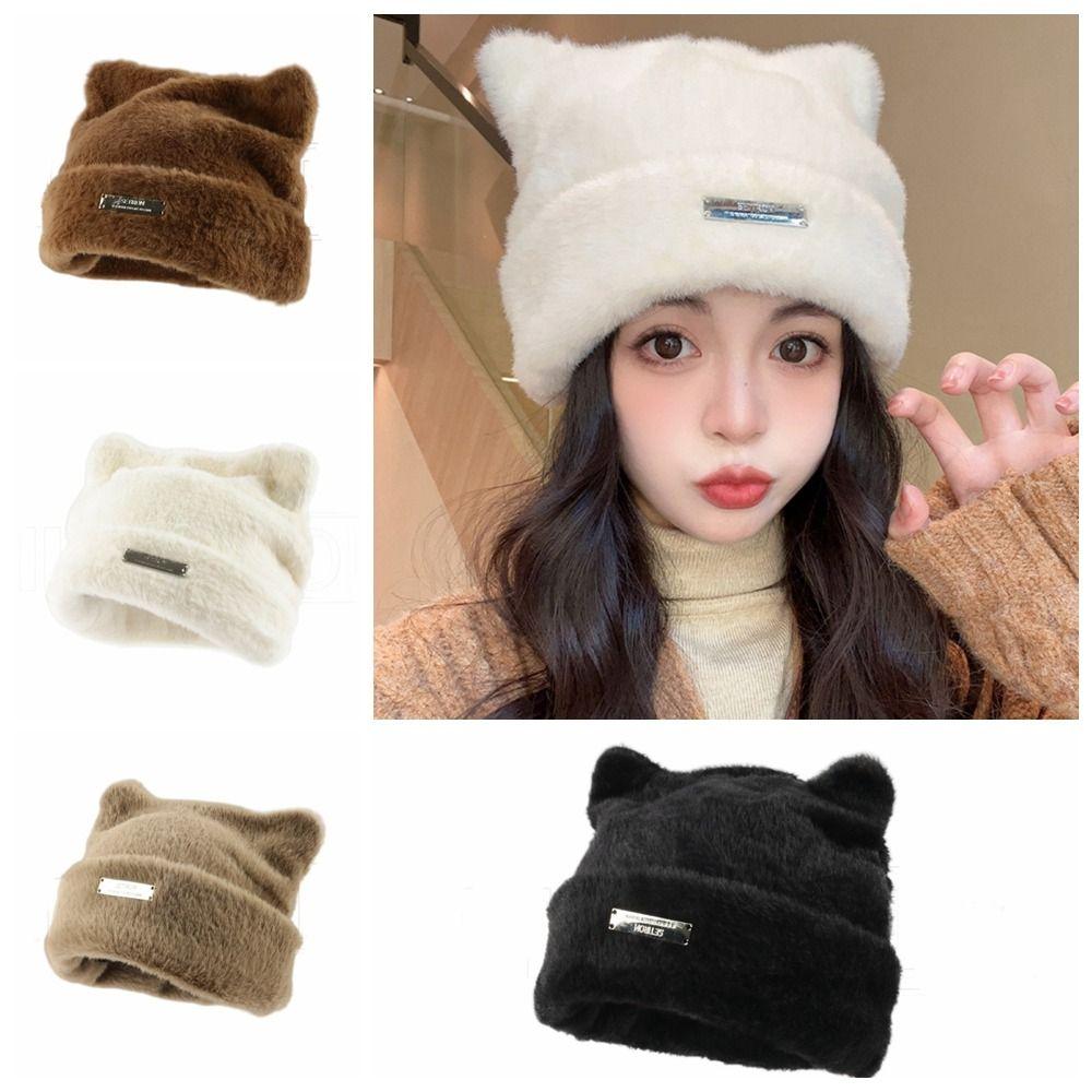 Bear Ears Cat Ears Hat Letter Winter Plush Hat Fashion Knitted Cap Streetwear
