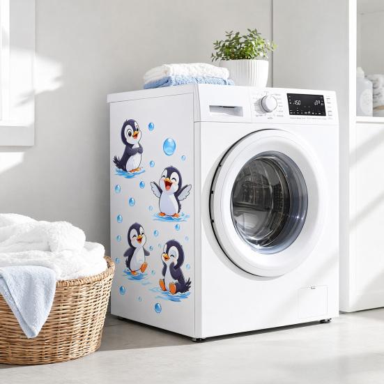 Penguin Wall Decals, Cute 4 Happy Penguins Bathing Decor, Self Adhesive Removable Wall Stickers for Bathroom, Kids Room & Shower Wall Art