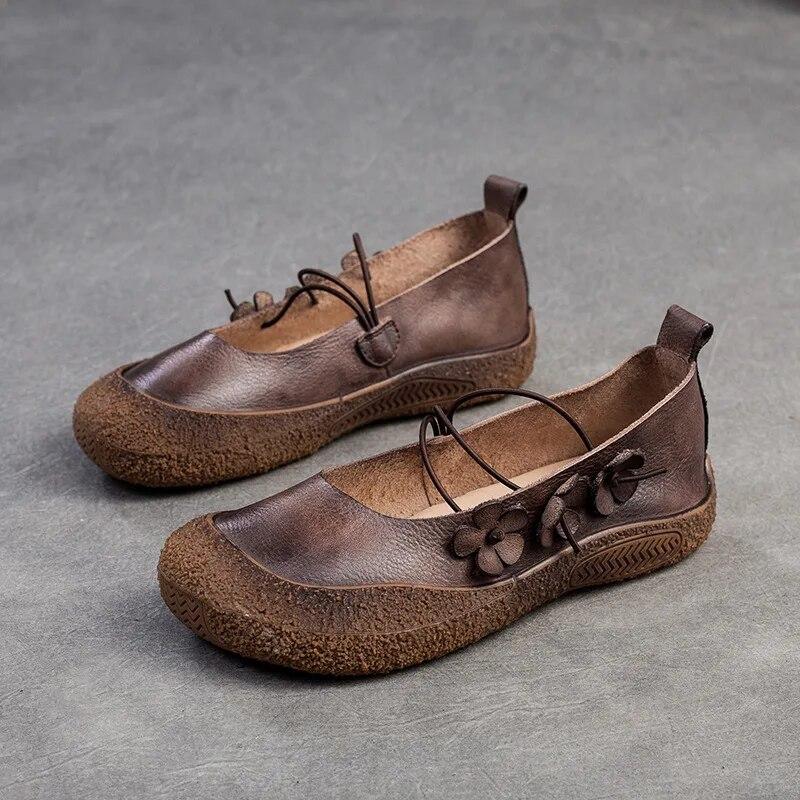 Johnature Туфли на плоской подошве из натуральной кожи с маленьким цветком в стиле ретро. Удобная женская обувь на мягкой подошве для отдыха и отдыха.
