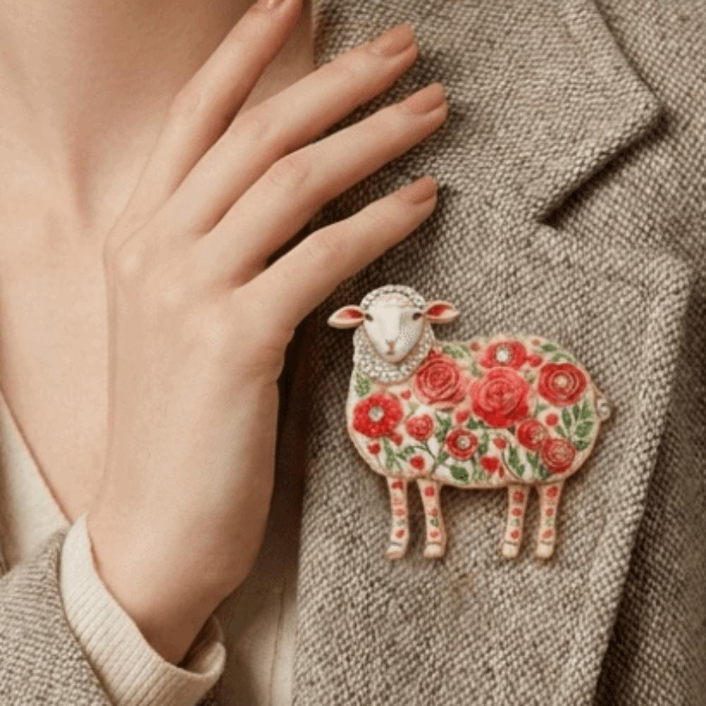 Animal Sheep Brooch Zinc Zinc Alloy Metal Floral Badge Pastoral Rhinestone Lapel Pin Coat Pin