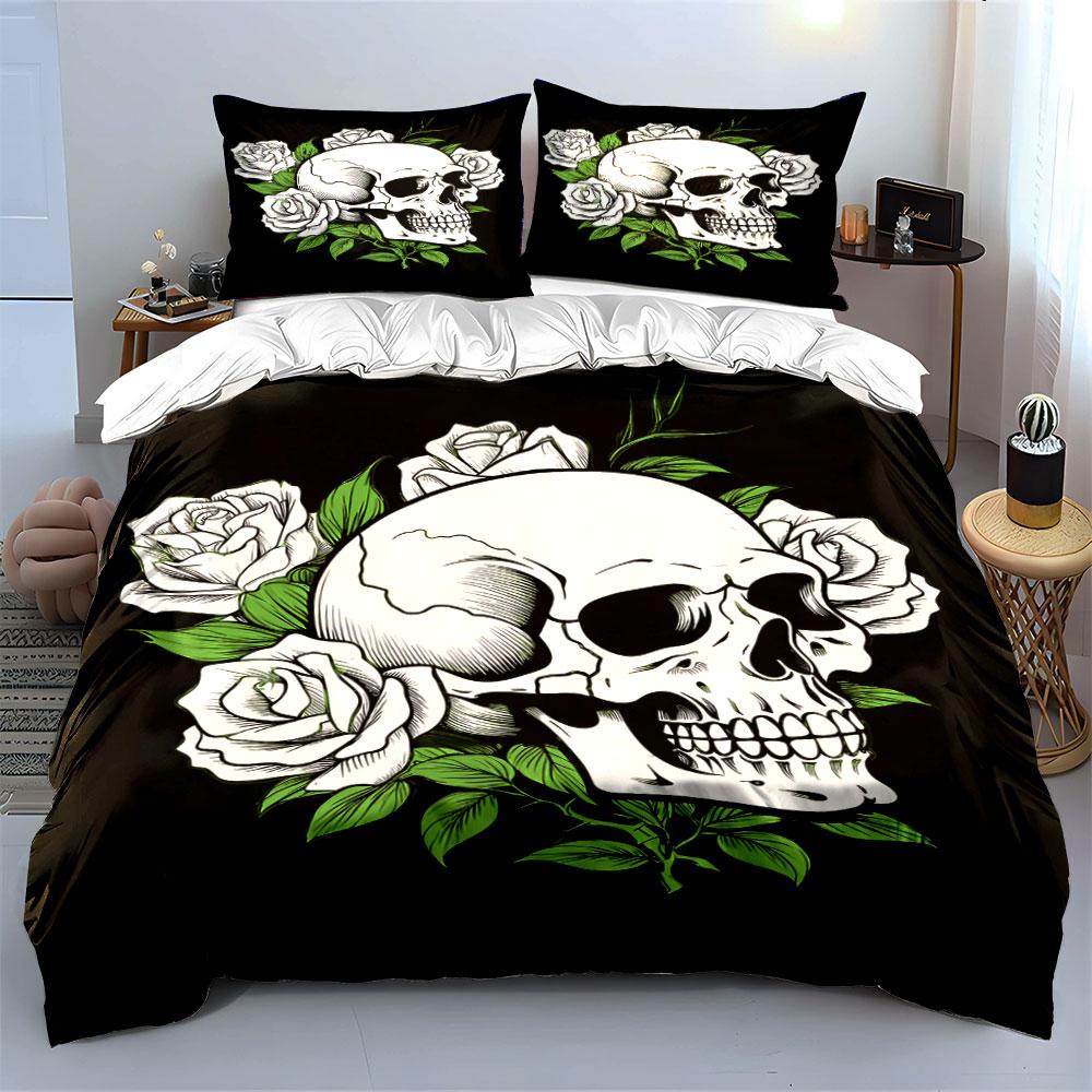 Skull and White Roses Design Bedding Duvet Cover Set (1*Duvet Cover 2*Pillowcases, without duvet insert)