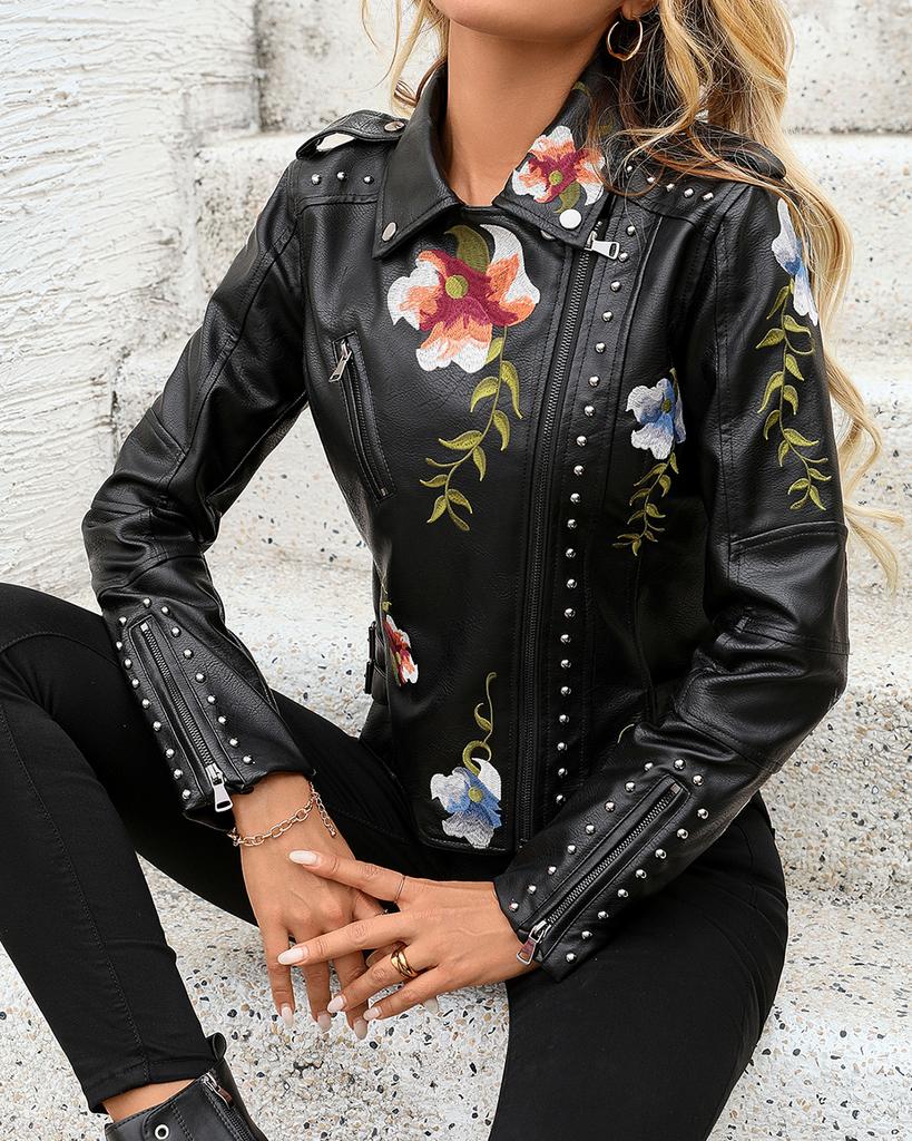Женская куртка из искусственной кожи с ретро-принтом и вышивкой, отложной воротник, байкерское пальто из искусственной кожи в стиле панк