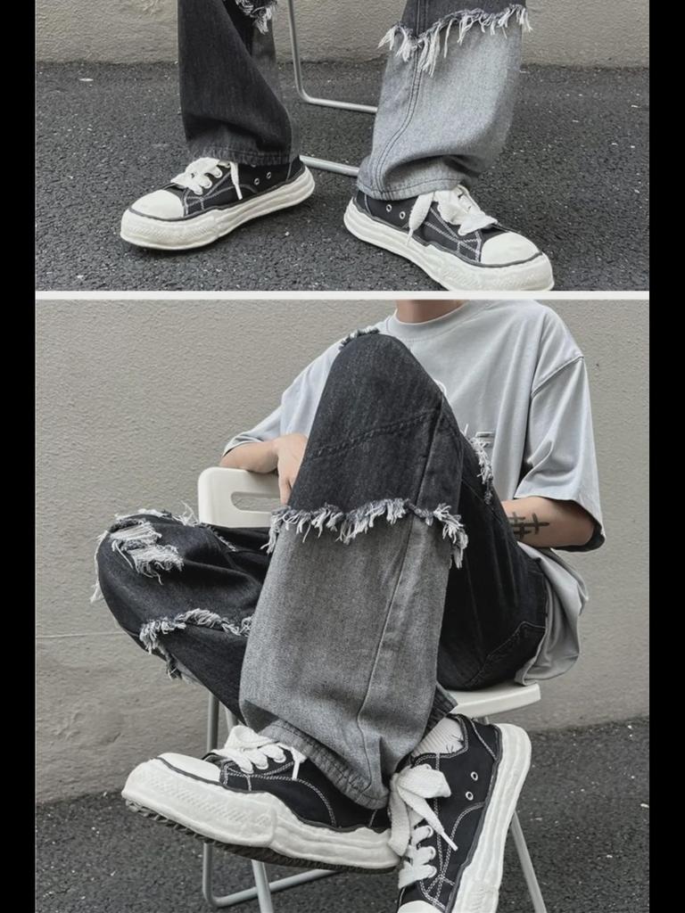 Men's Trendy Harajuku Tassel Jeans - Loose Fit, Raw Edge, Hip-Hop Style with Contrast Color Straight Pants