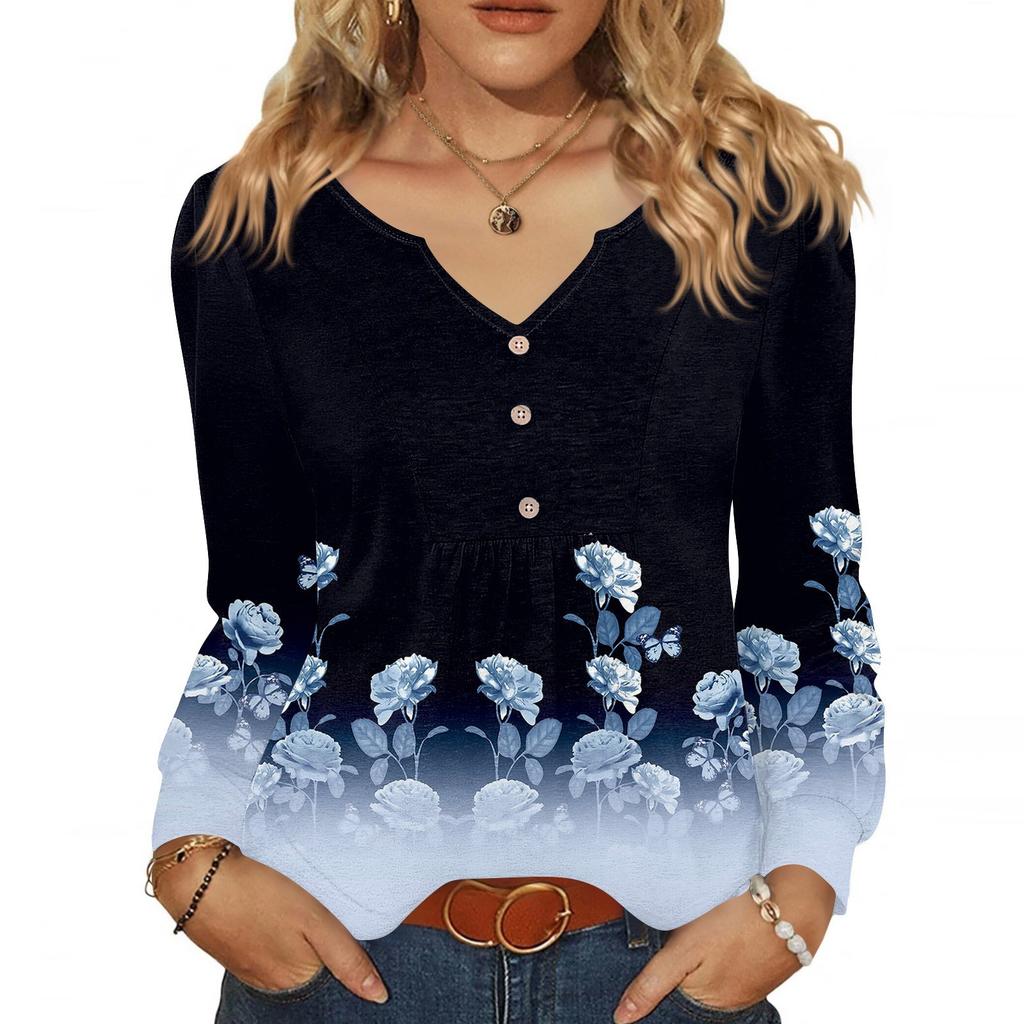 Женская модная повседневная блузка с V-образным вырезом на пуговицах, с длинным рукавом, пуловер, футболка, топ
