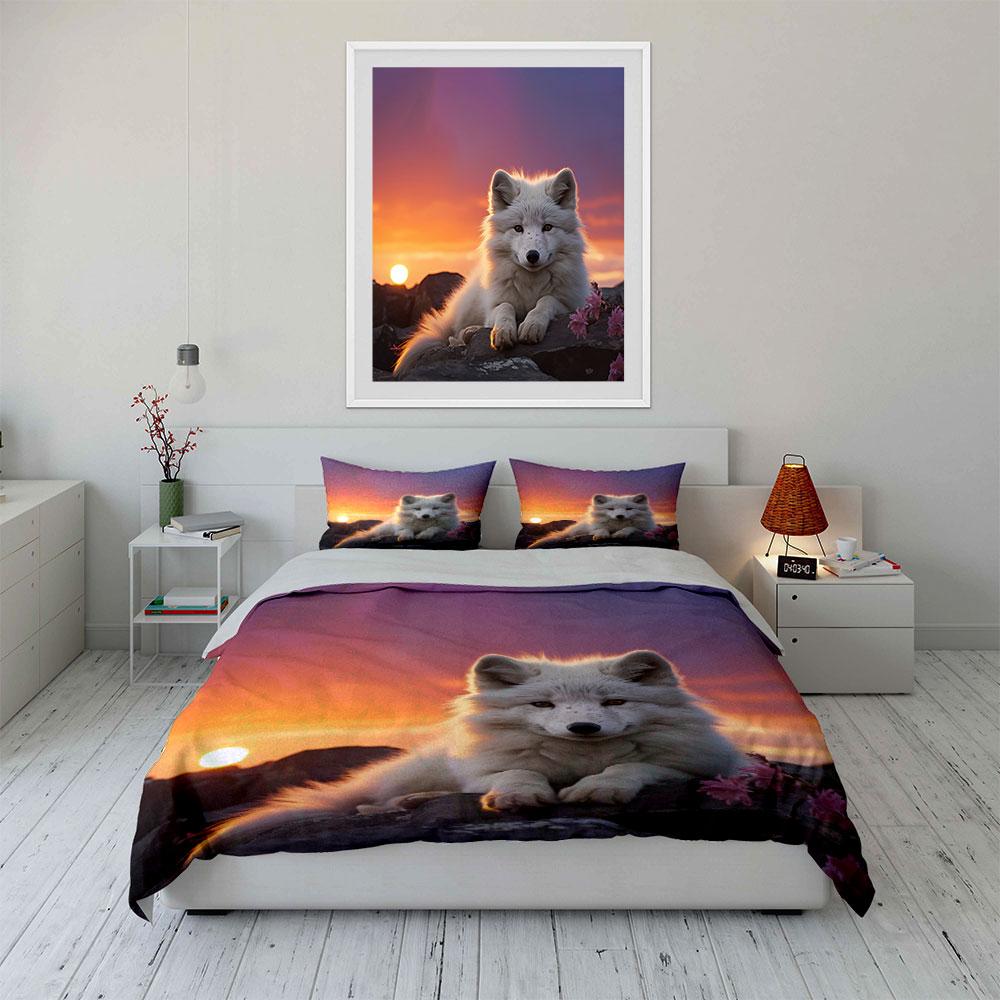 White fox, sunset background. Bedding sets Duvet cover sets Duvet covers Pillowcases(1* Duvet Cover 2* Pillowcases without duvet insert)
