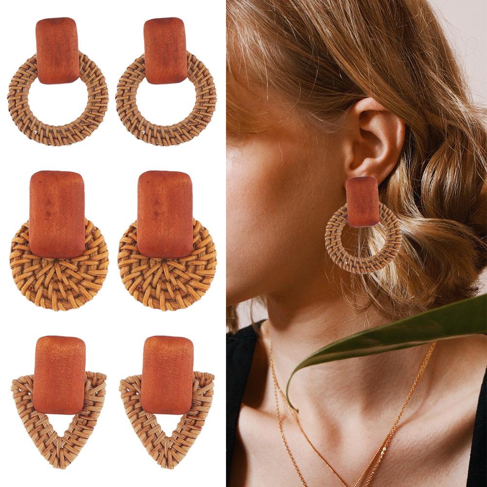 Vintage Women Girl Rattan Knit Vine Beach Jewelry Straw Weave Earrings Bamboo Wooden Drop Earrings